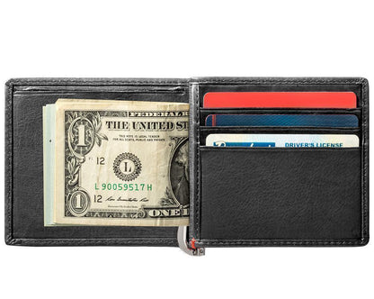 Black Leather Wallet With Anchor Metal Plate design money clip inside full