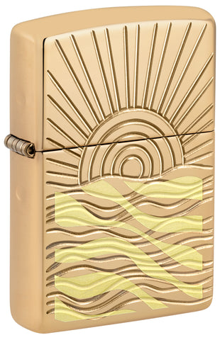 Front shot of SunBeam Pendant Armor® High Polish Brass Windproof Lighter standing at a 3/4 angle