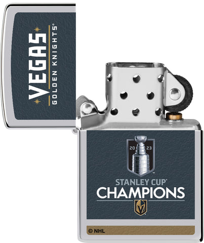 2023 Stanley Cup® Champions Vegas Golden Knights Windproof Lighter with its lid open and unlit.