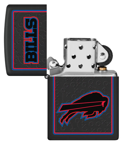 NFL Buffalo Bills Windproof Lighter with its lid open and unlit.