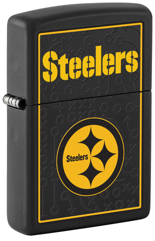 Front shot of NFL Pittsburgh Steelers Windproof Lighter standing at a 3/4 angle.
