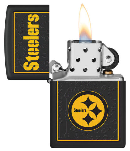 NFL Pittsburgh Steelers Windproof Lighter with its lid open and lit.