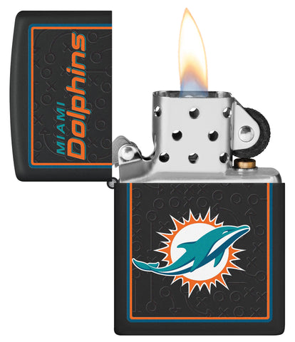 NFL Miami Dolphins Windproof Lighter with its lid open and lit.