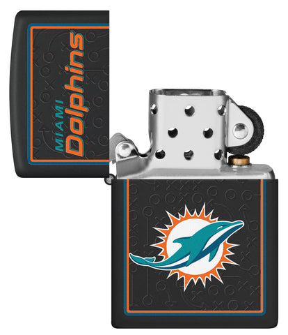 NFL Miami Dolphins Windproof Lighter with its lid open and unlit.