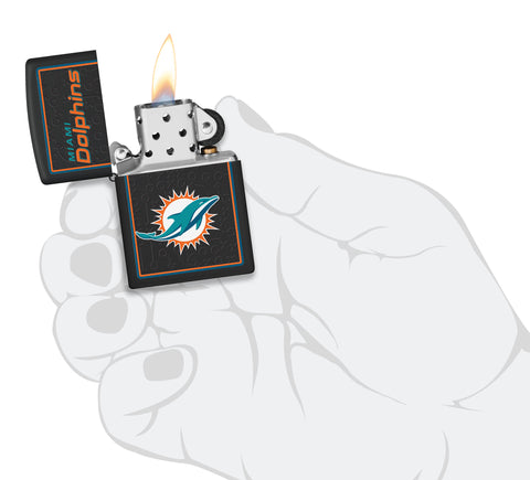 NFL Miami Dolphins Windproof Lighter lit in hand.