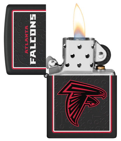 NFL Atlanta Falcons Windproof Lighter with its lid open and lit.