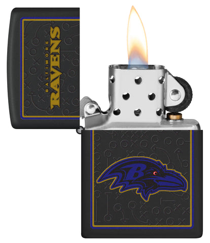 NFL Baltimore Ravens Windproof Lighter with its lid open and lit.