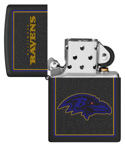 NFL Baltimore Ravens Windproof Lighter with its lid open and unlit.
