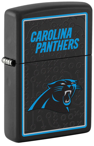 Front shot of NFL Carolina Panthers Windproof Lighter standing at a 3/4 angle.