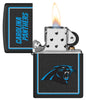 NFL Carolina Panthers Windproof Lighter with its lid open and lit.