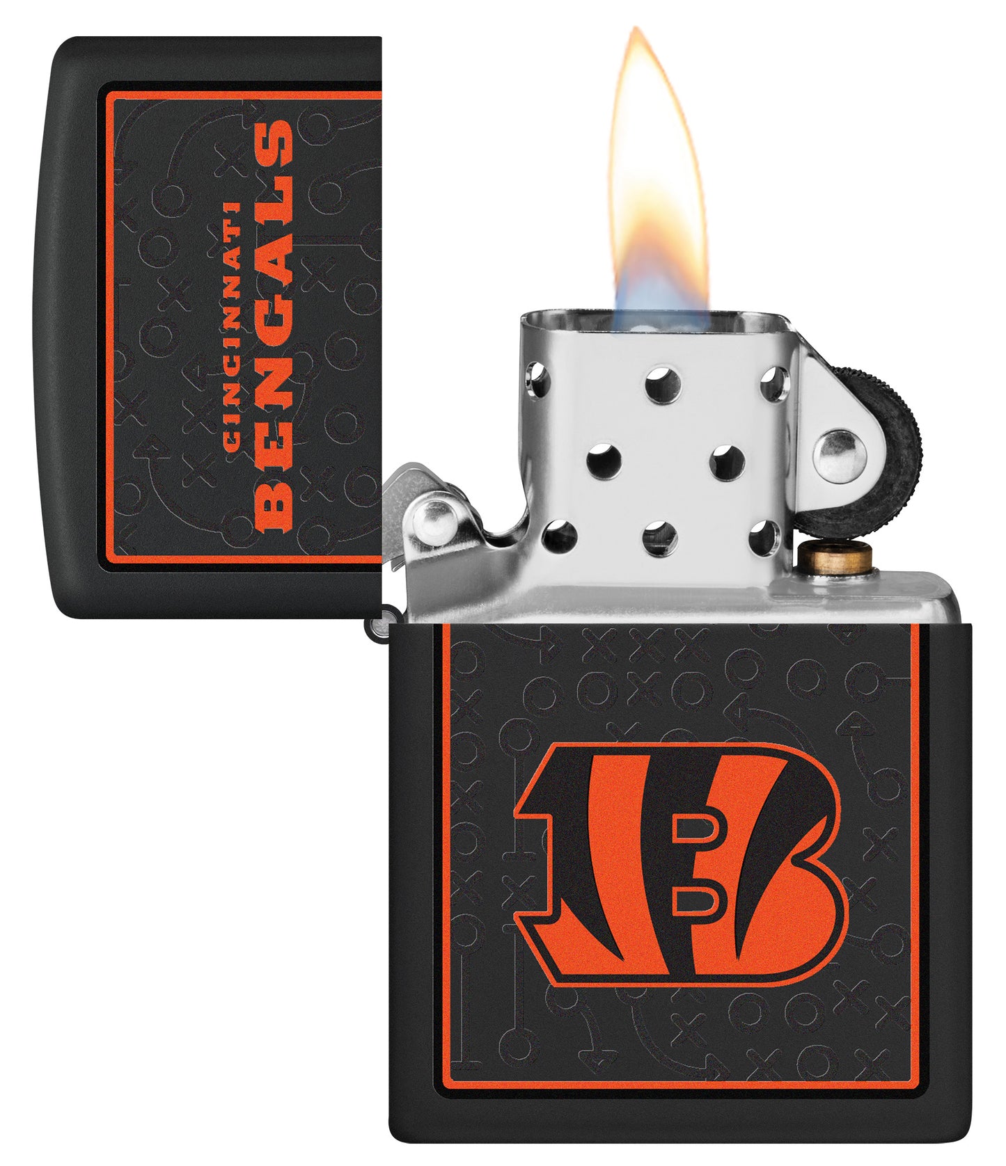 NFL Cincinnati Bengals Windproof Lighter with its lid open and lit.