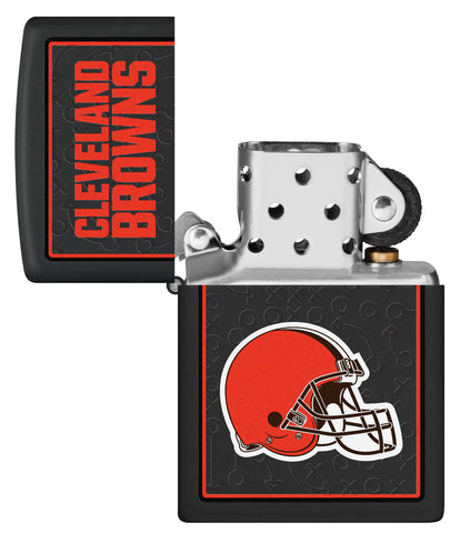 NFL Cleveland Browns Windproof Lighter with its lid open and unlit.
