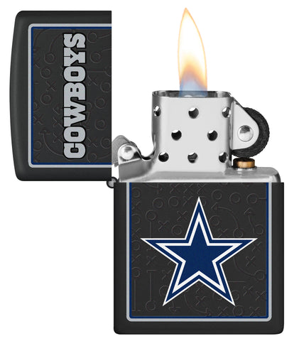 NFL Dallas Cowboys Windproof Lighter with its lid open and lit.