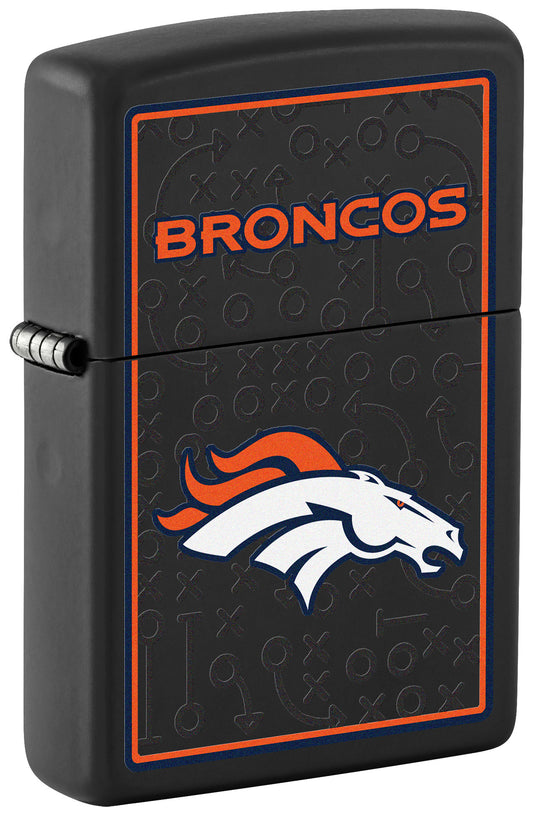 Front shot of NFL Denver Broncos Windproof Lighter standing at a 3/4 angle.
