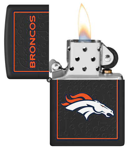 NFL Denver Broncos Windproof Lighter with its lid open and lit.