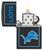 NFL Detroit Lions Windproof Lighter with its lid open and lit.