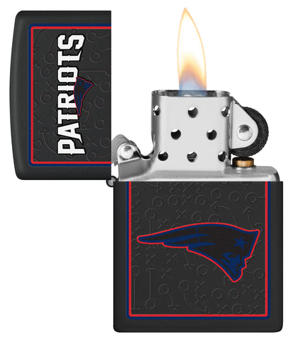 NFL New England Patriots Windproof Lighter with its lid open and lit.