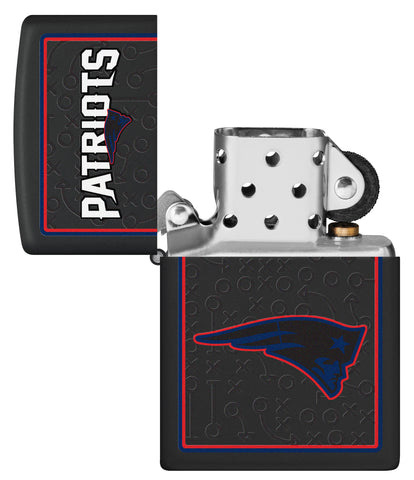 NFL New England Patriots Windproof Lighter with its lid open and unlit.