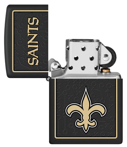 NFL New Orleans Saints Windproof Lighter with its lid open and unlit.