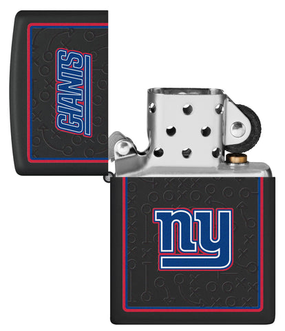 NFL New York Giants Windproof Lighter with its lid open and unlit.