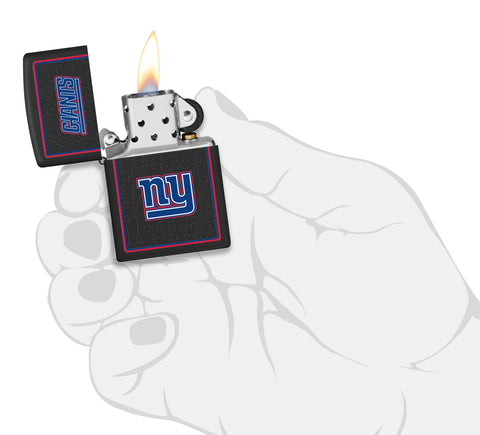 NFL New York Giants Windproof Lighter with its lid open and lit.