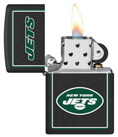 NFL New York Jets Windproof Lighter with its lid open and lit.