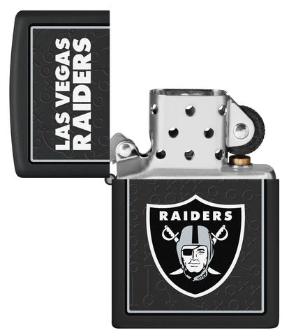 NFL Las Vegas Raiders Windproof Lighter with its lid open and unlit.