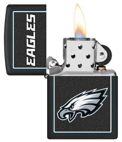 NFL Philadelphia Eagles Windproof Lighter with its lid open and lit.