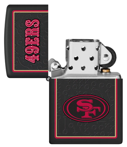 NFL San Francisco 49ers Windproof Lighter with its lid open and unlit.
