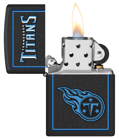 NFL Tennessee Titans Windproof Lighter with its lid open and lit.