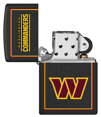 NFL Washington Commanders Windproof Lighter with its lid open and unlit.