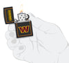NFL Washington Commanders Windproof Lighter with its lid open and lit.