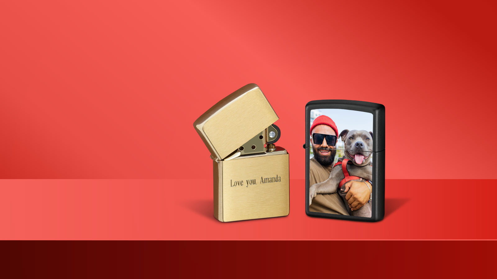 Customized lighters, one engraved the other with a photo.
