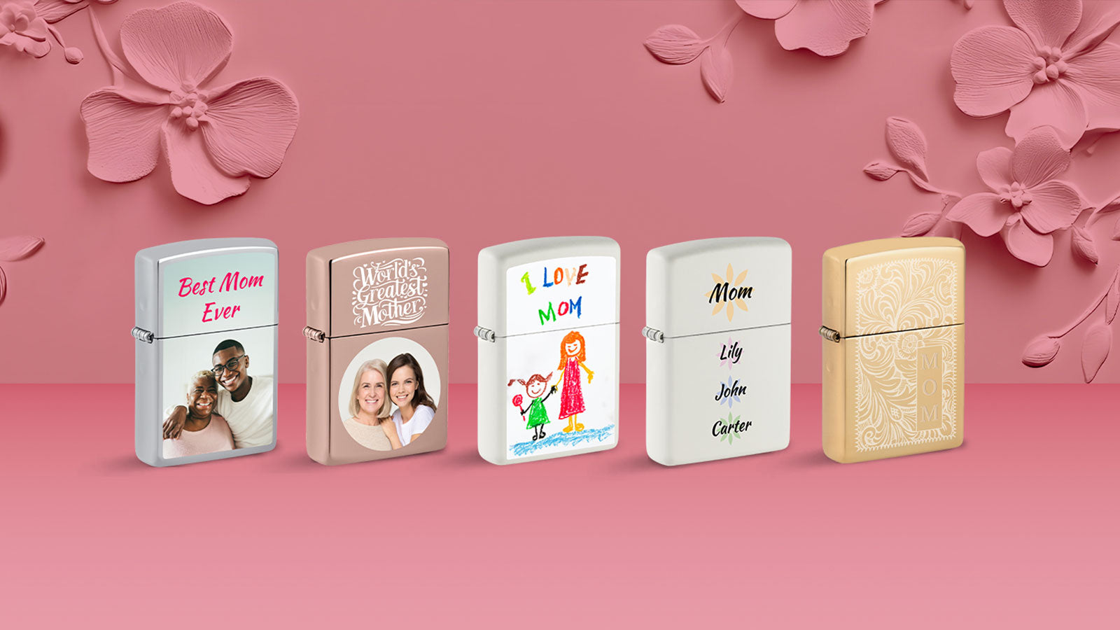 Five customized lighters with Mothers Day themes.