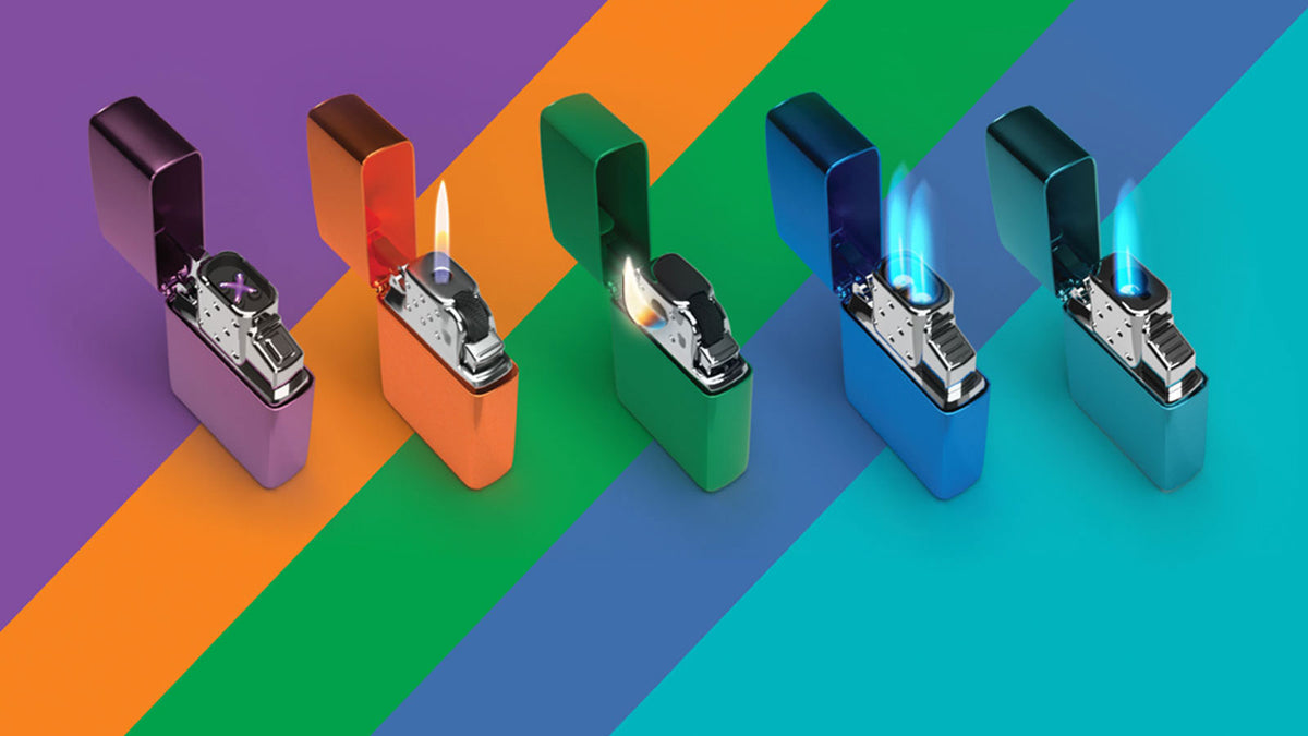 Five different types of inserts in colorful lighter cases.