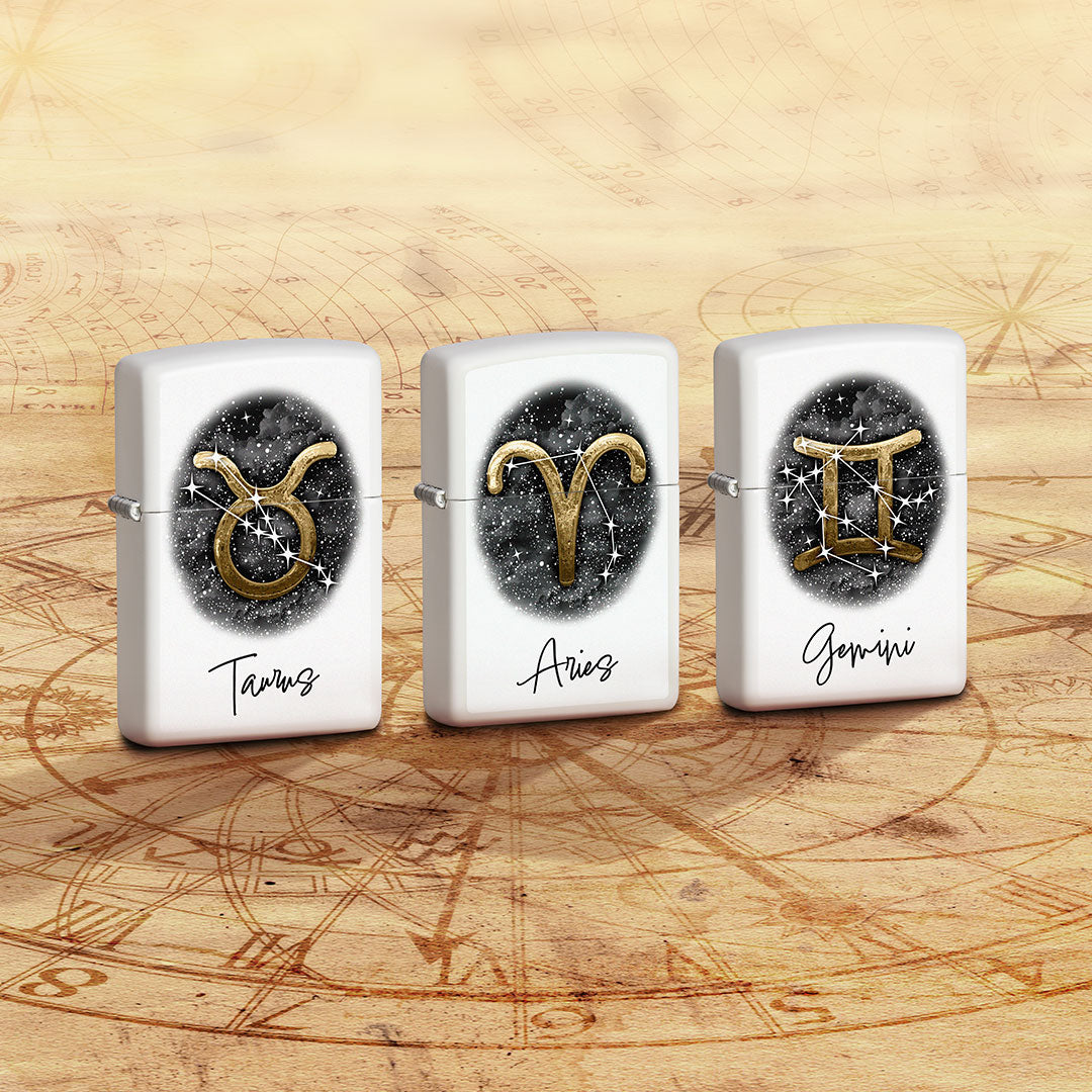Zodiac lighter designs - Taurus, Aries, Gemini.