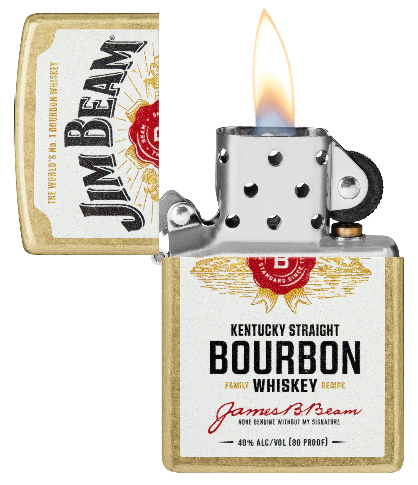 Zippo Jim BeamÂ® Label Design Regular Street Brass Windproof Lighter with its lid open and lit.