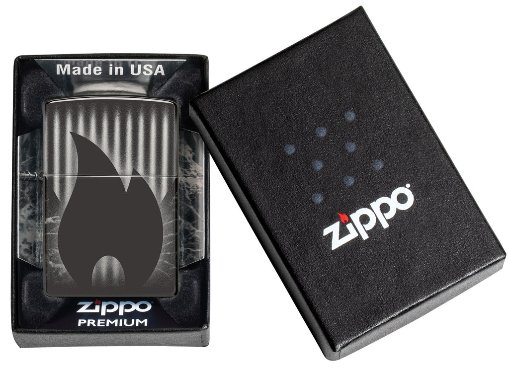 Zippo Design High Polish Black Windproof Lighter in its packaging.