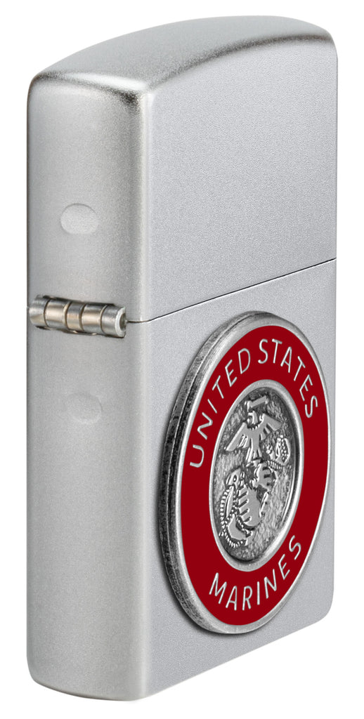 Angled shot of Zippo United States Marines Emblem Satin Chrome Windproof Lighter showing the hinge side and front of the lighter.