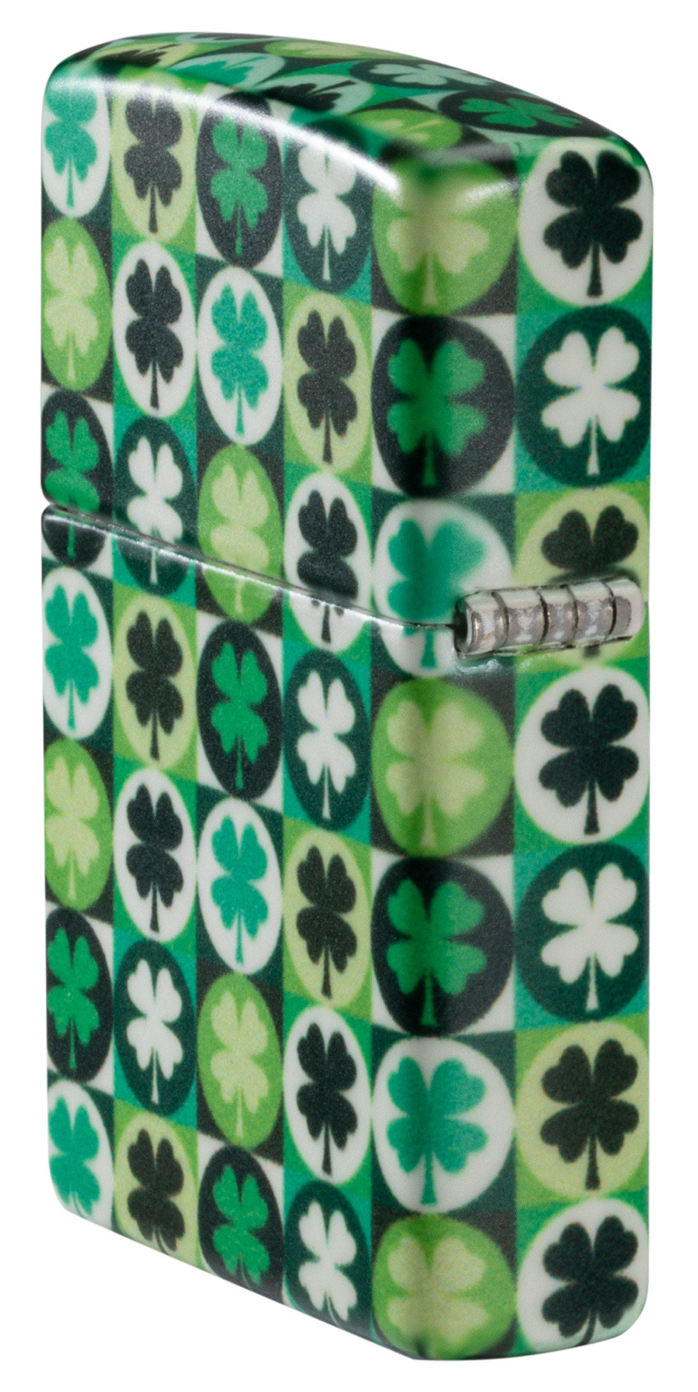 Angled shot of Zippo Clover Design Glow in the Dark Green Matte Windproof Lighter showing the back and hinge side of the lighter.