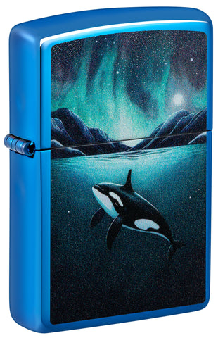 Front view of Zippo Whale Design High Polish Blue Windproof Lighter standing at a 3/4 angle.