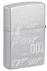 Back view of Zippo James Bond Satin Chrome Windproof Lighter standing at a 3/4 angle.