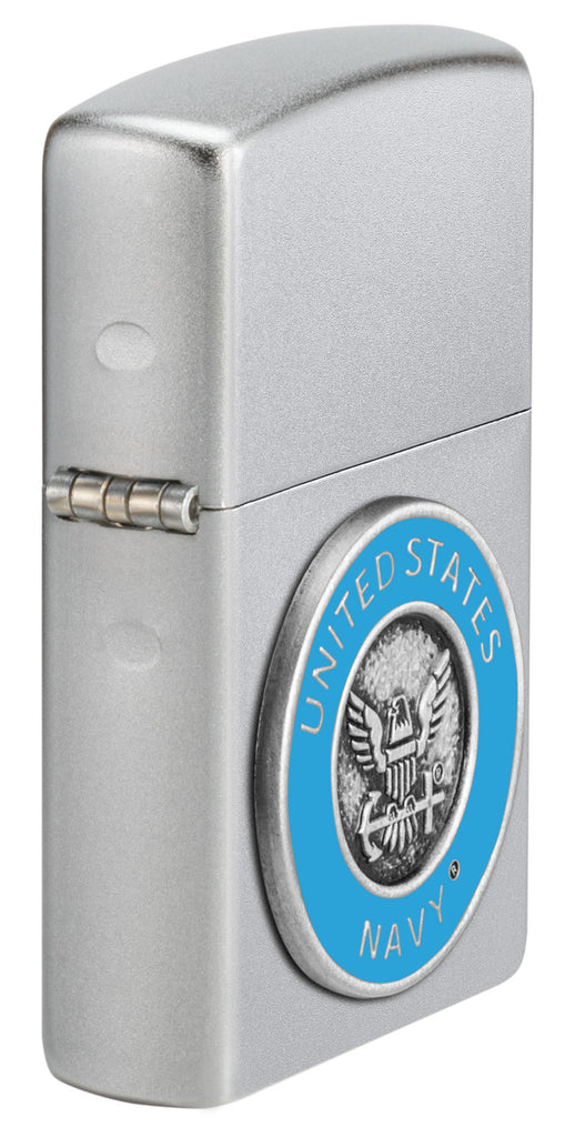 Angled shot of Zippo United States Navy® Emblem Satin Chrome Windproof Lighter showing the hinge side and front of the lighter.