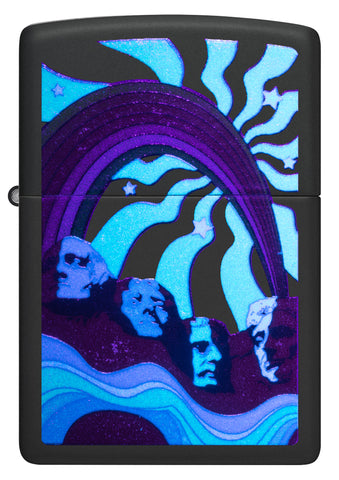 Front shot of Zippo Hippie Mt Rushmore Design Black Matte Windproof Lighter glowing under a black light.