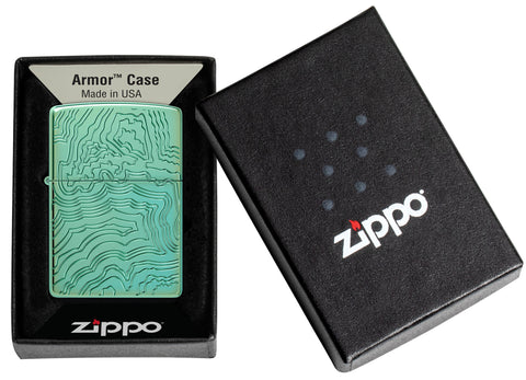 Zippo Map Armor High Polish Green Windproof Lighter in its packaging.