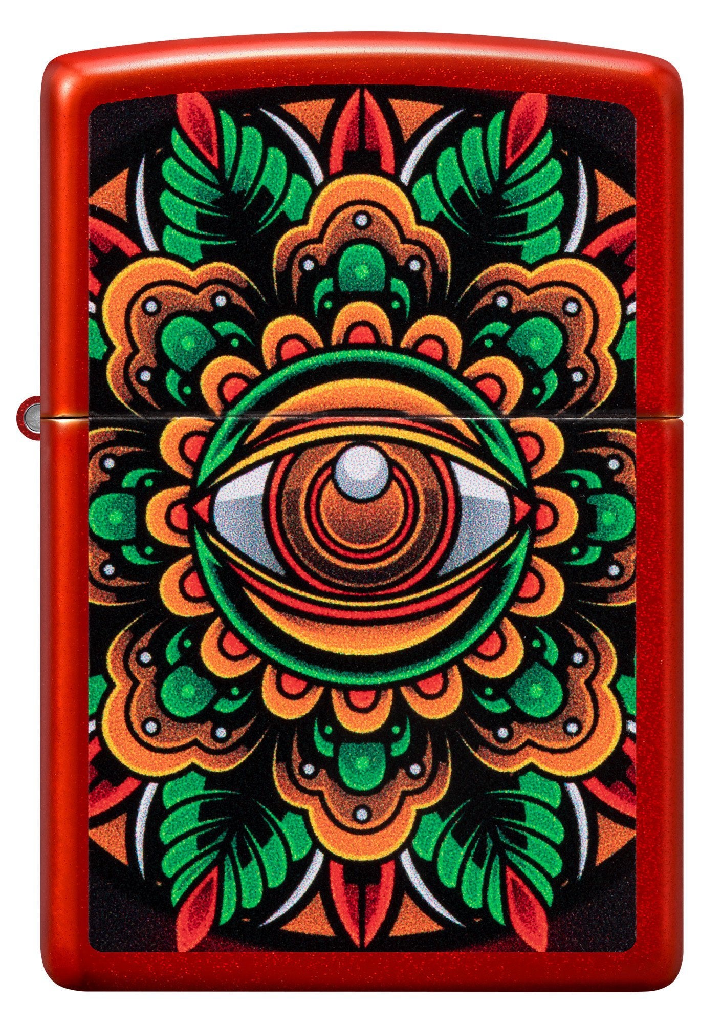Front view of Zippo Counter Culture Eye Design Metallic Red Windproof Lighter.