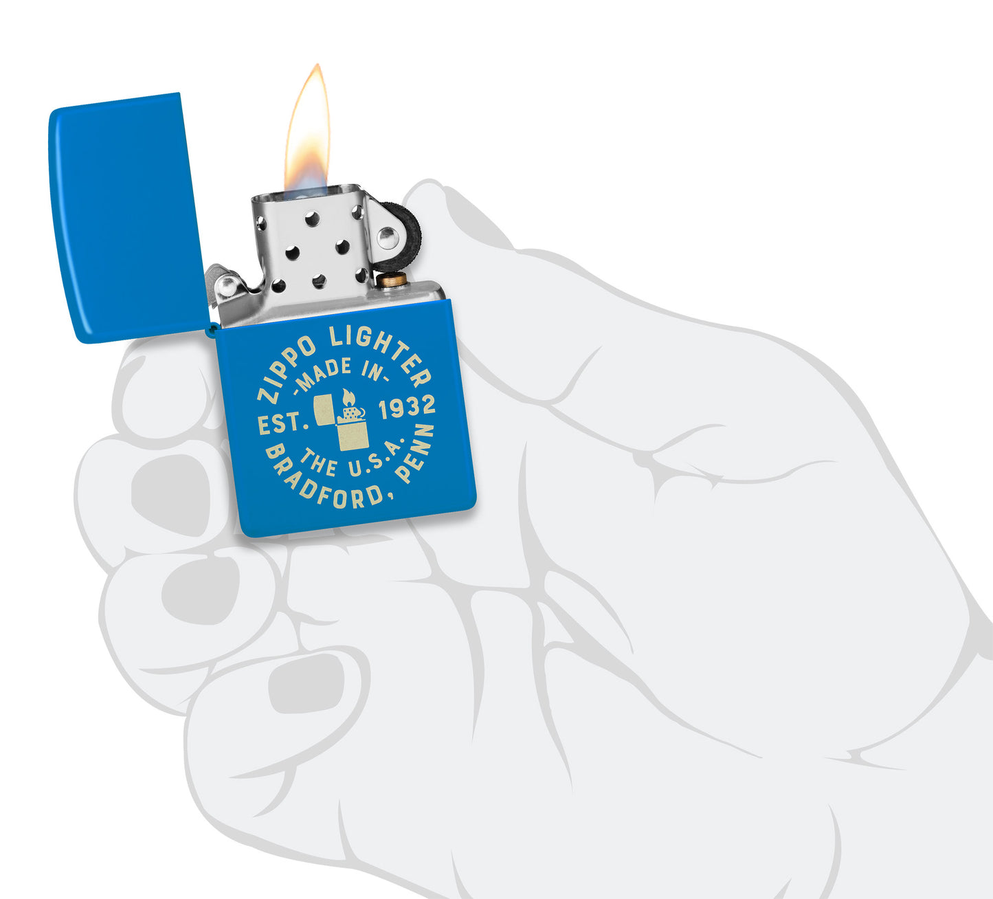 Zippo Seal Design Sky Blue Matte Windproof Lighter lit in hand.