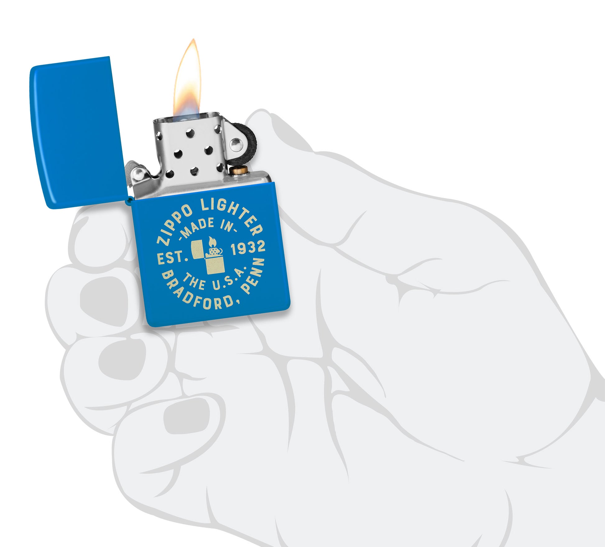 Zippo Seal Design Sky Blue Matte Windproof Lighter lit in hand.