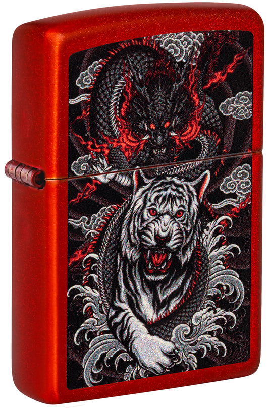 Front view of Zippo Dragon Tiger Design Metallic Red Windproof Lighter standing at a 3/4 angle.