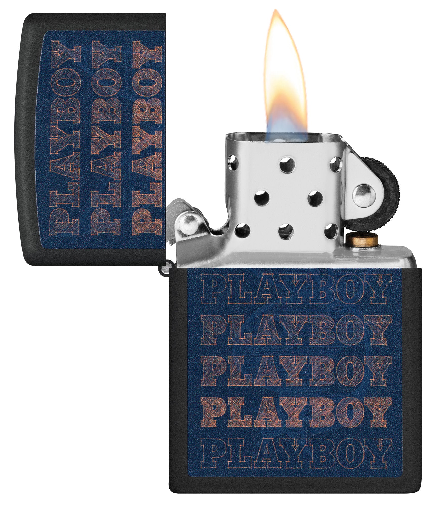Zippo Black Light Rabbit Design Black Matte Windproof Lighter with its lid open and lit.